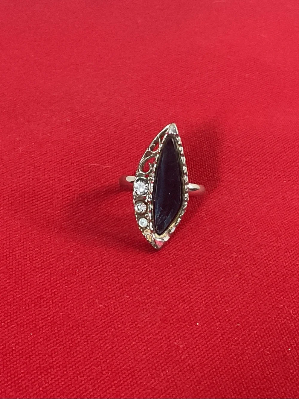 Vintage Emmons Black Marquise Cabochon Rhinestone Adjustable Ring Silver Tone Co